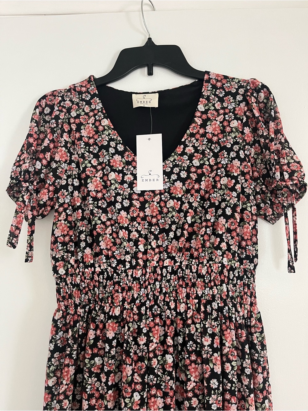 Ember Women’s Small Black Floral Tiered Dress with Pink and White Blossoms - Picture 2 of 8